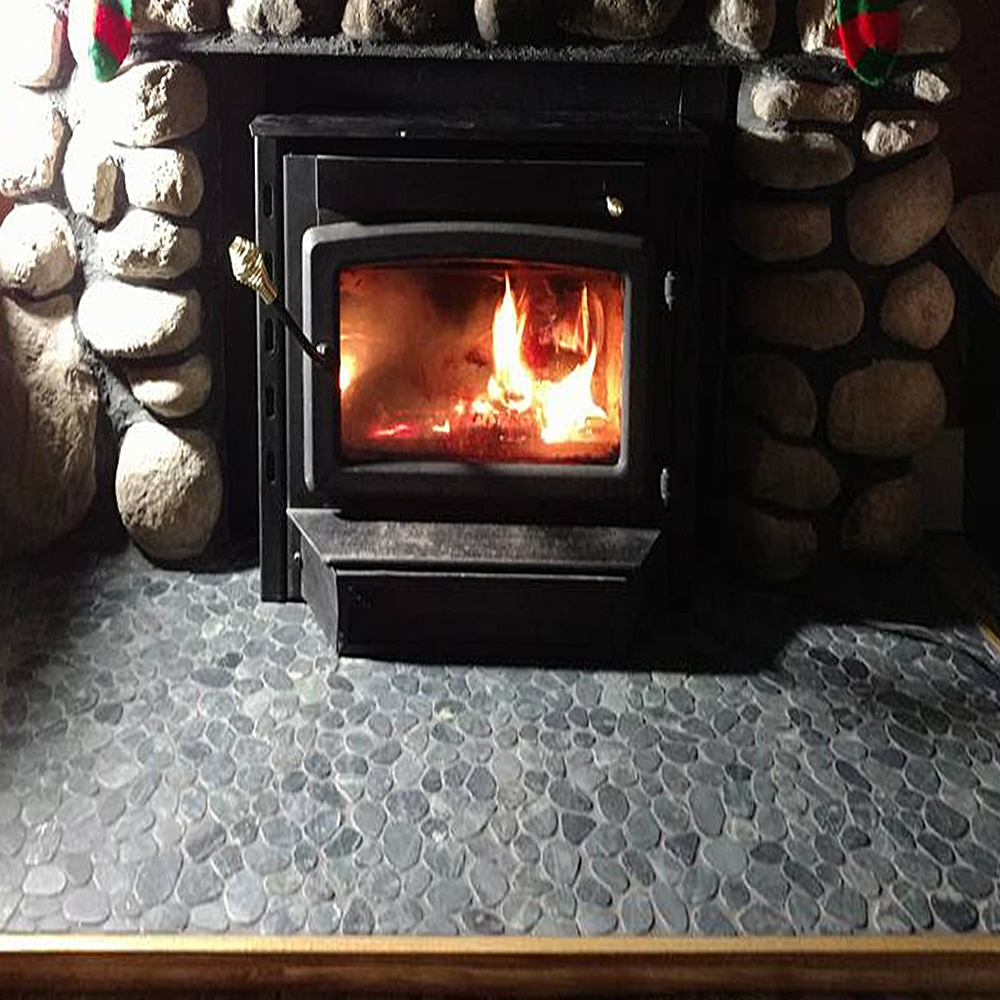 Sliced Charcoal Black Pebble Tile Cottage Fireplace Hearth