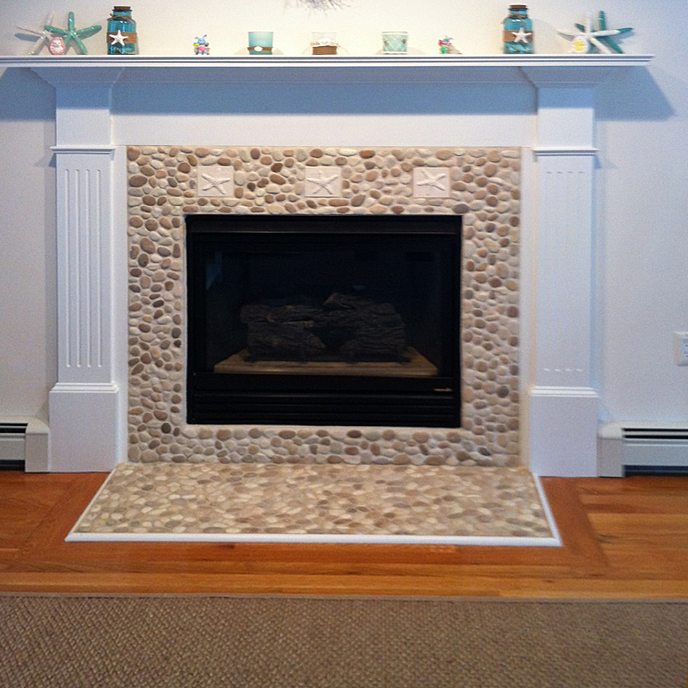 Tan and White Pebble Tile Fireplace Surround and Hearth