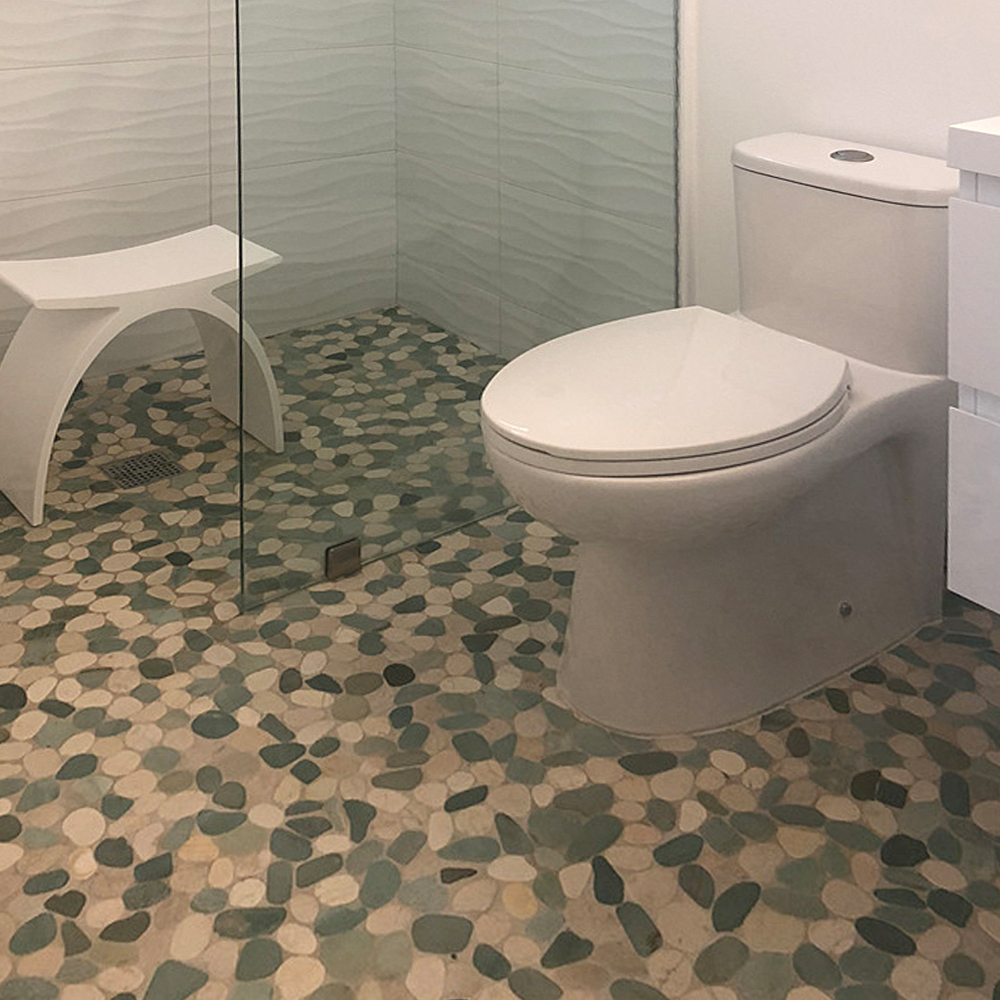 Sliced Green and White Pebble Tile Bathroom Floor