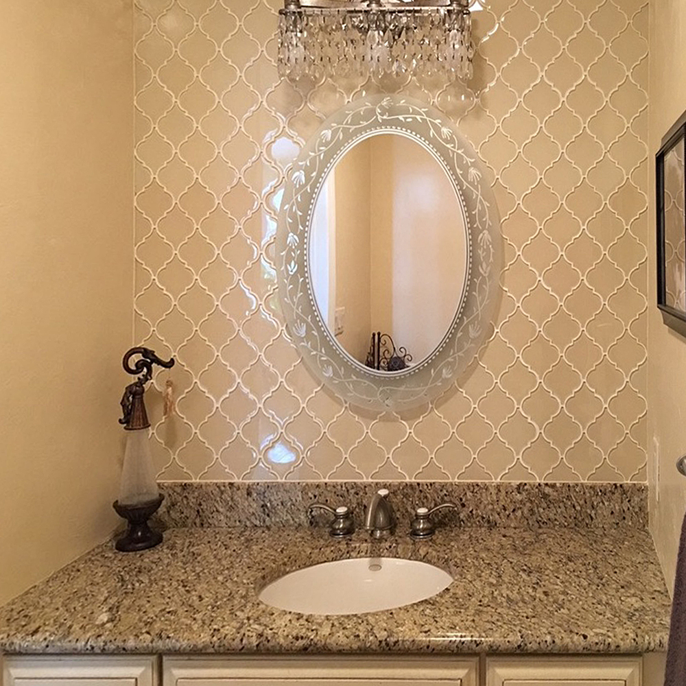 Cream Arabesque Glass Tile Bathroom Vanity Backsplash