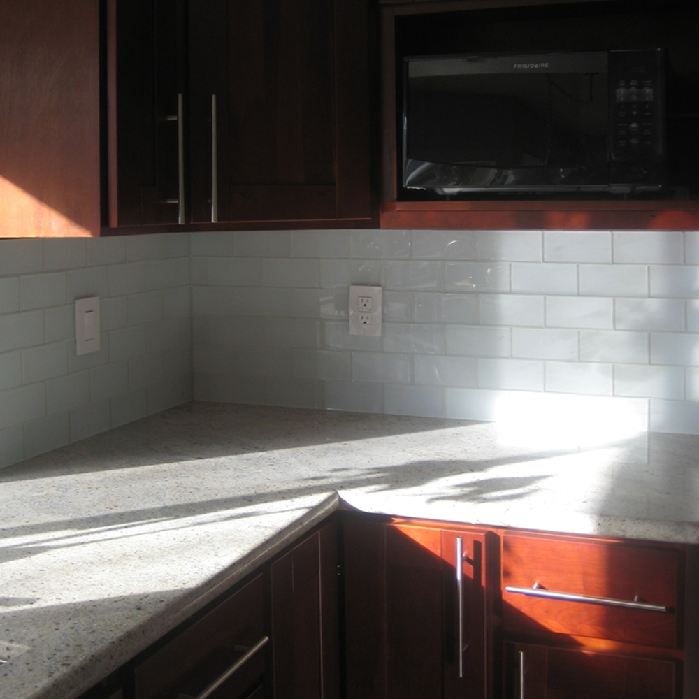White Glass Subway Tile Contemporary Kitchen Backsplash
