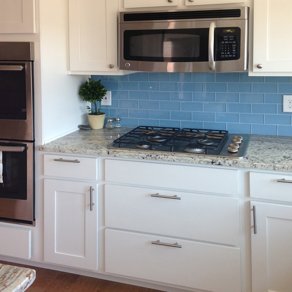 Sky Blue Glass Subway Tile Backsplash in Modern White Kitchen - Subway ...