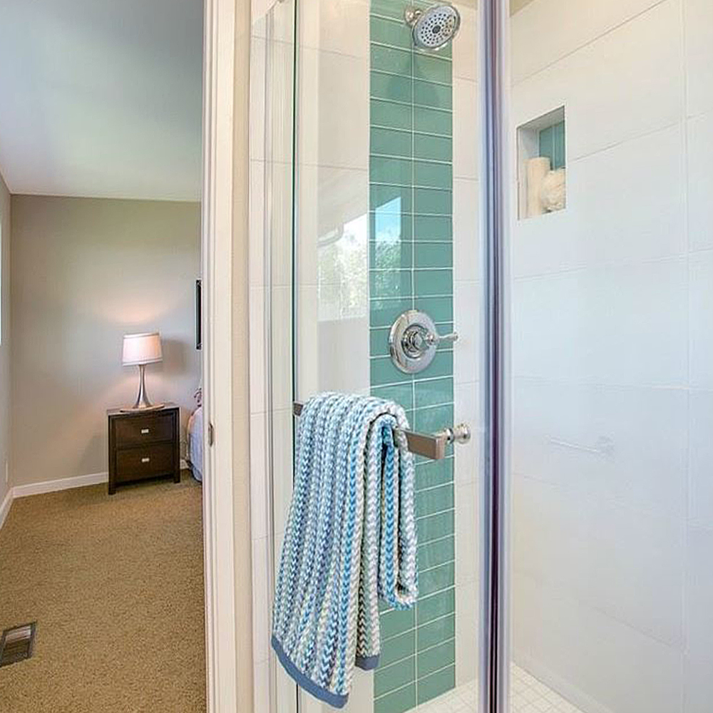 Sage Green Glass Subway Tile Shower Accents