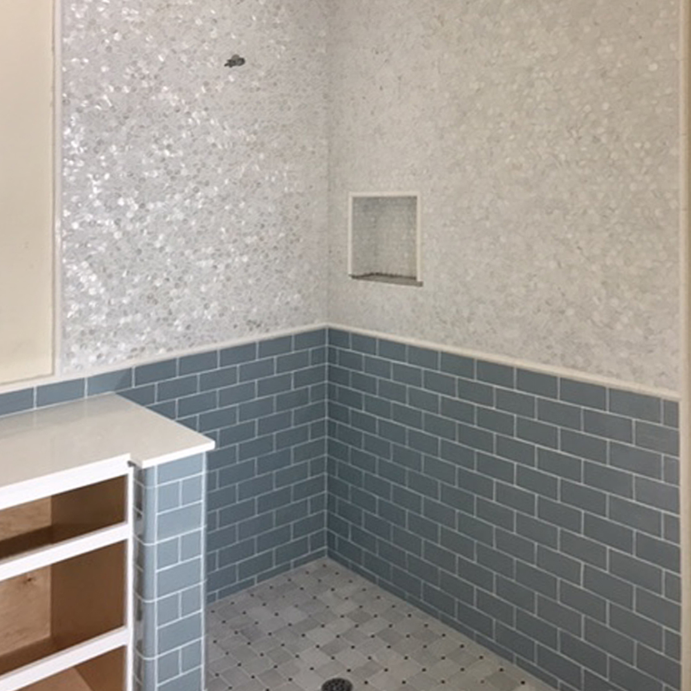 White Hexagon Pearl Shell Tile Shower Wall & Niche