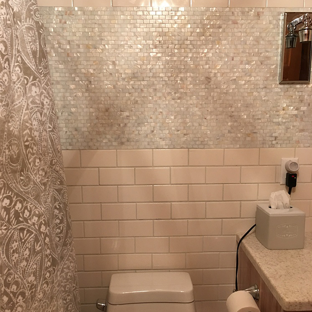 White Brick Pearl Shell Tile Bathroom Feature Wall