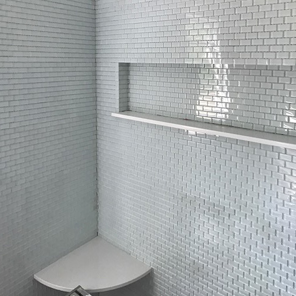 White Mini Glass Subway Tile Shower Wall