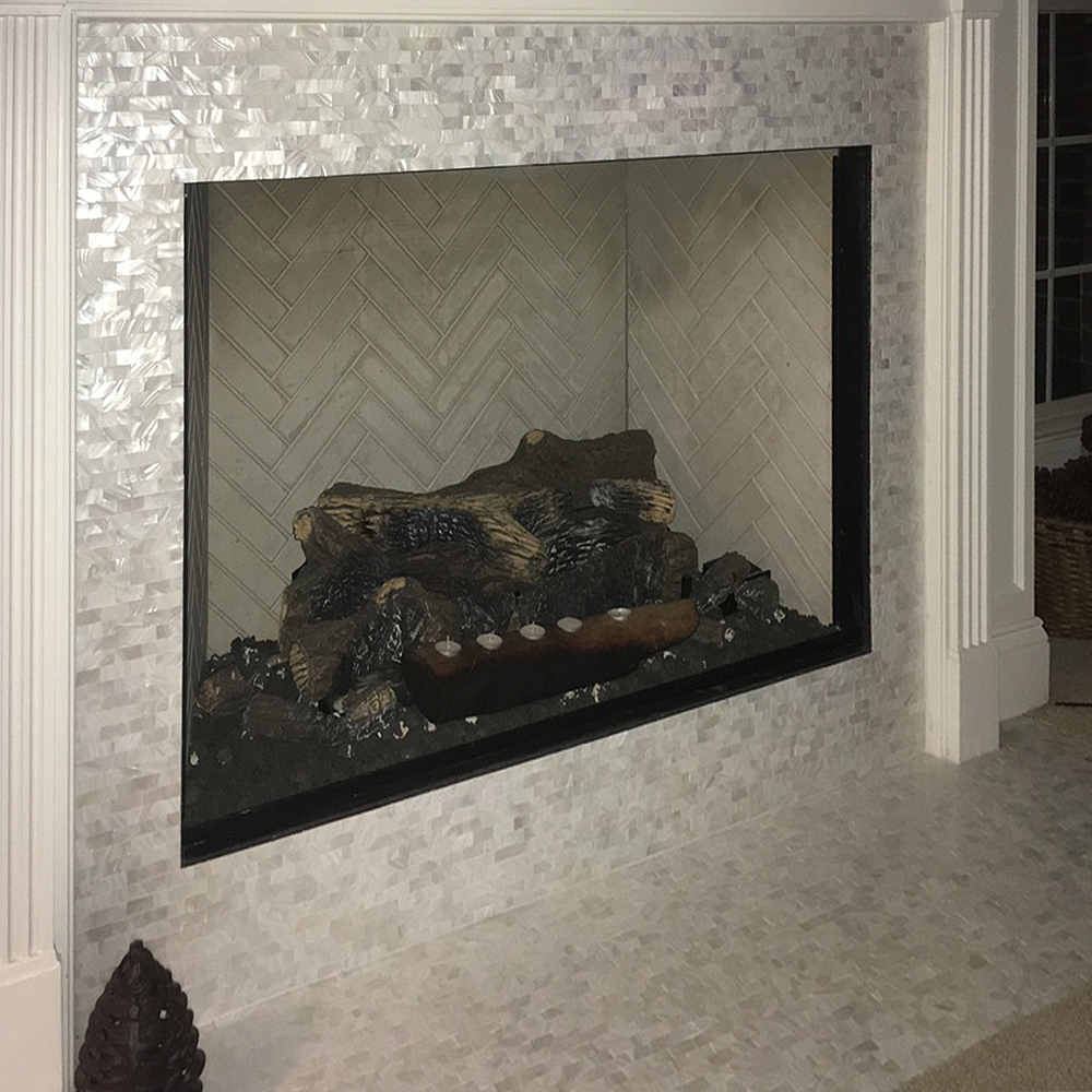 White Brick Groutless Pearl Shell Tile Fireplace Surround