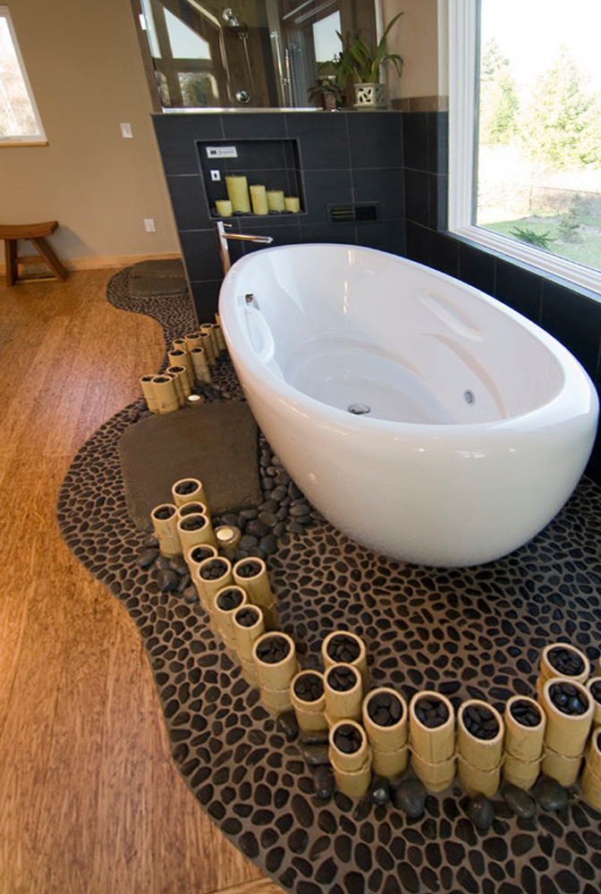 Black Pebble Tile Spa Like Tub Surround