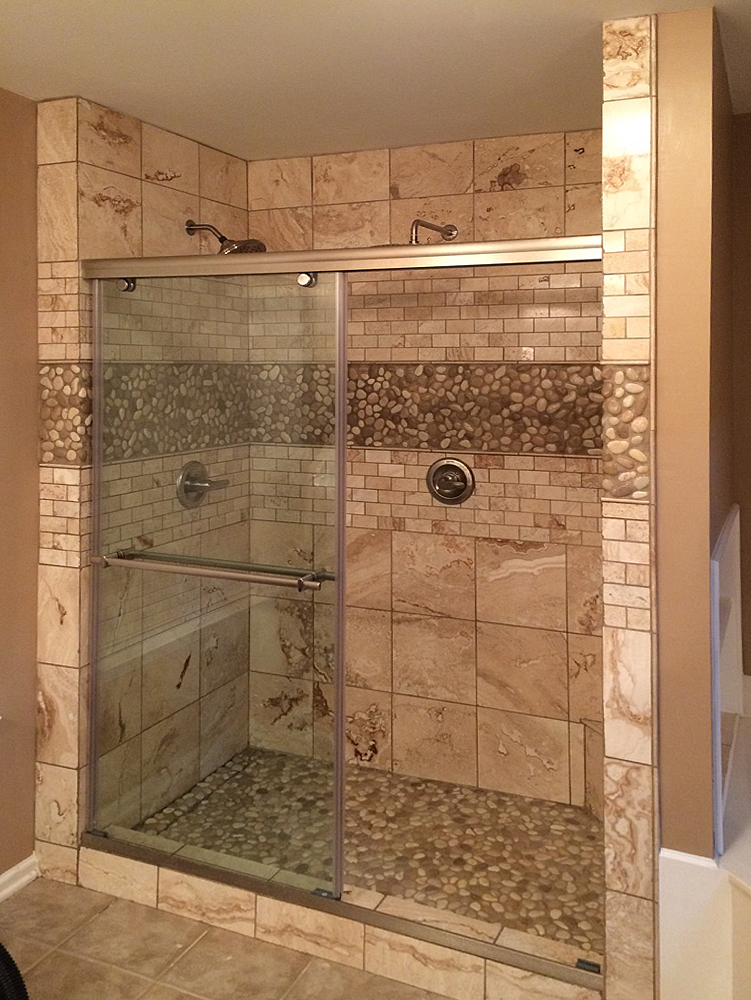 Glazed Java Tan & White Pebble Tile Shower Floor & Walls