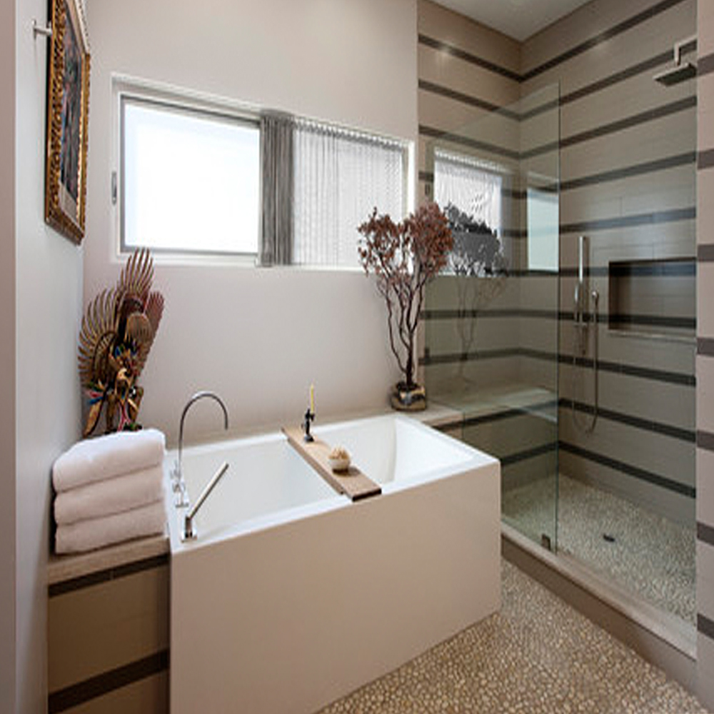 Modern Bathroom & Shower with Tan Pebble Tile Flooring