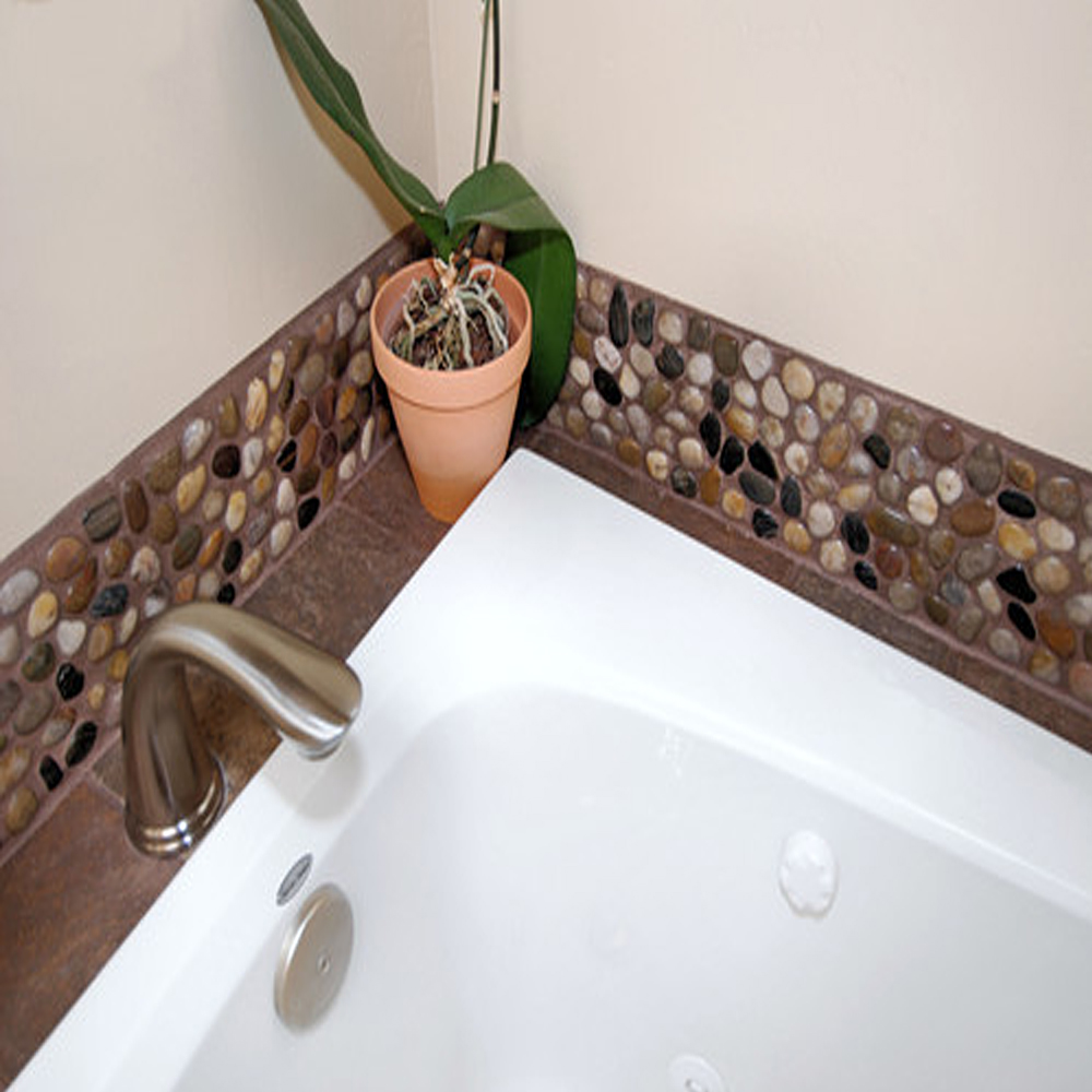 Polished Mixed Pebble Tile Bathroom Backsplash