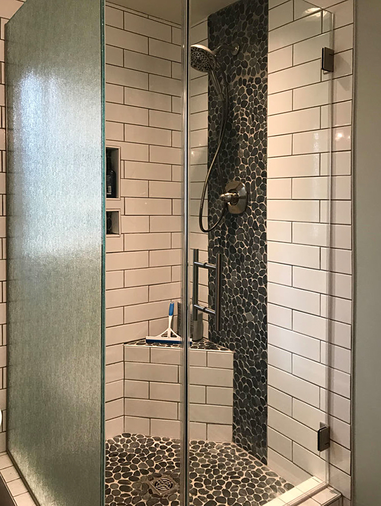 Sliced Charcoal Black Pebble Tile Shower Floor and Accent