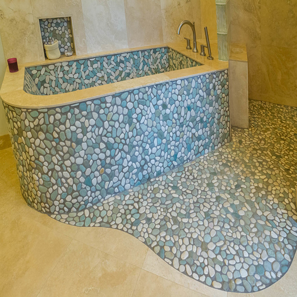 Sea Green & White Pebble Tile Bahttub Surround & Shower Floor