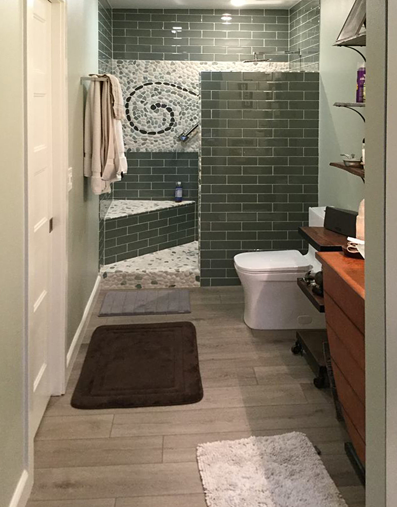 Sea Green and White Pebble Tile Shower Feature