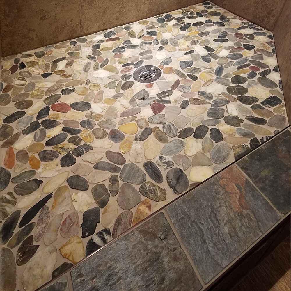Sliced Cobblestone Pebble Tile Shower Pan