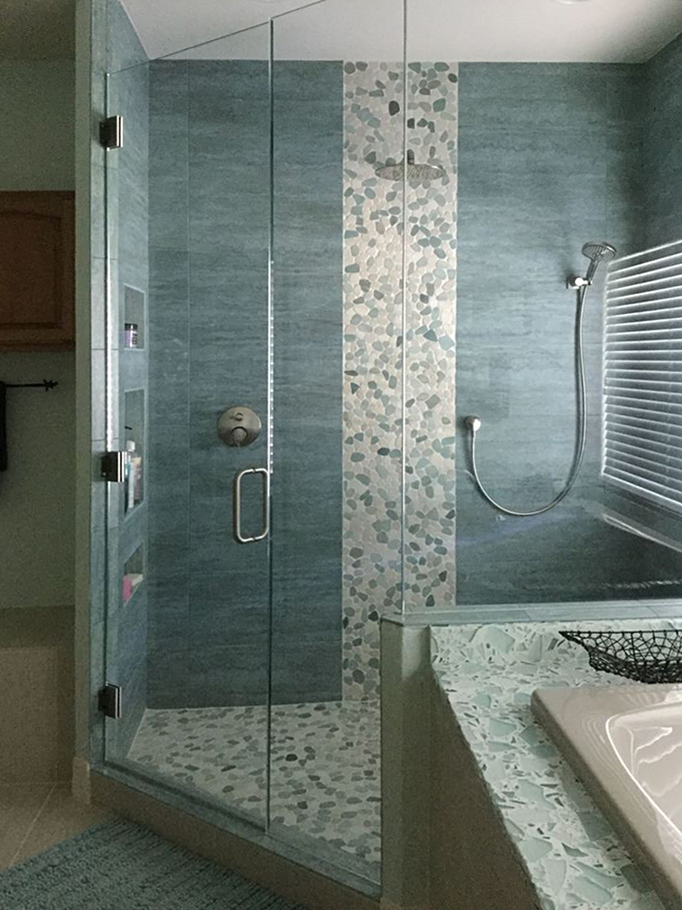Sliced Sea Green and White Shower and Flooring