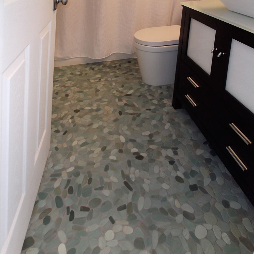 Sliced Sea Green Pebble Tile Bathroom Flooring