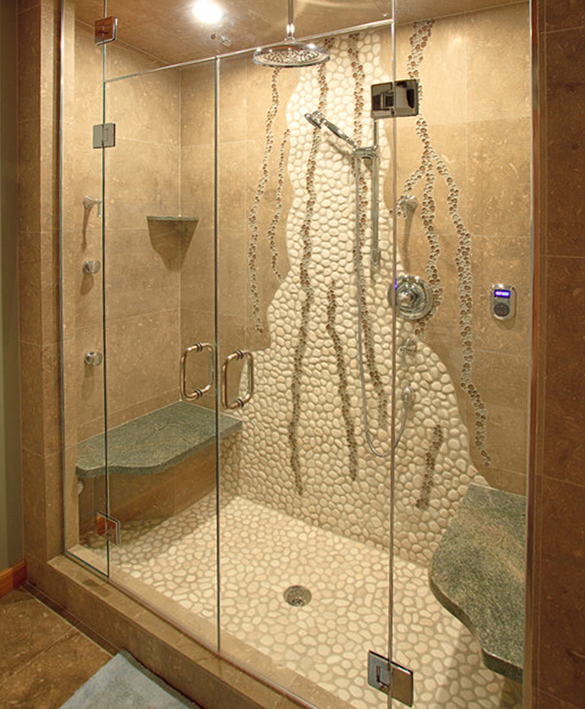 Unique Shower Wall Design with White Pebble Tile & Glass