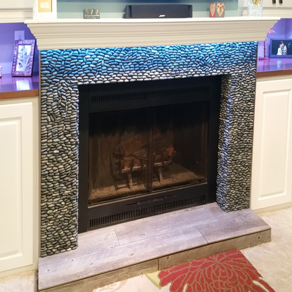 Charcoal Black Standing Pebble Tile Fireplace Surround
