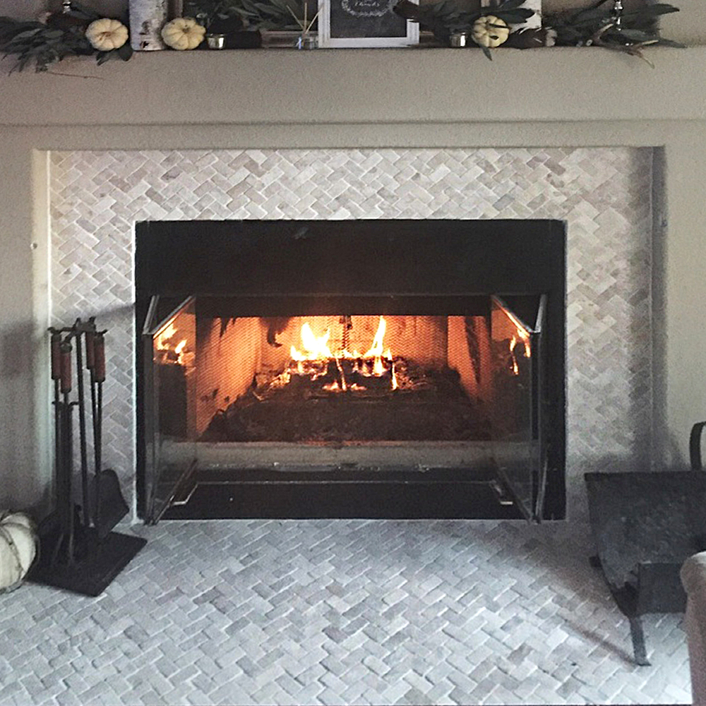 Cream Herringbone Stone Mosaic Fireplace Surround