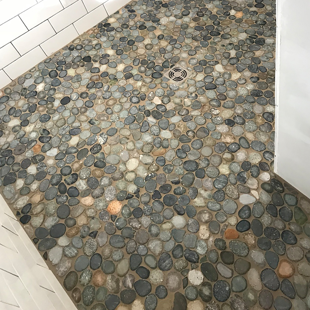 Ocean Pebble Tile Shower Pan with Grey Grout