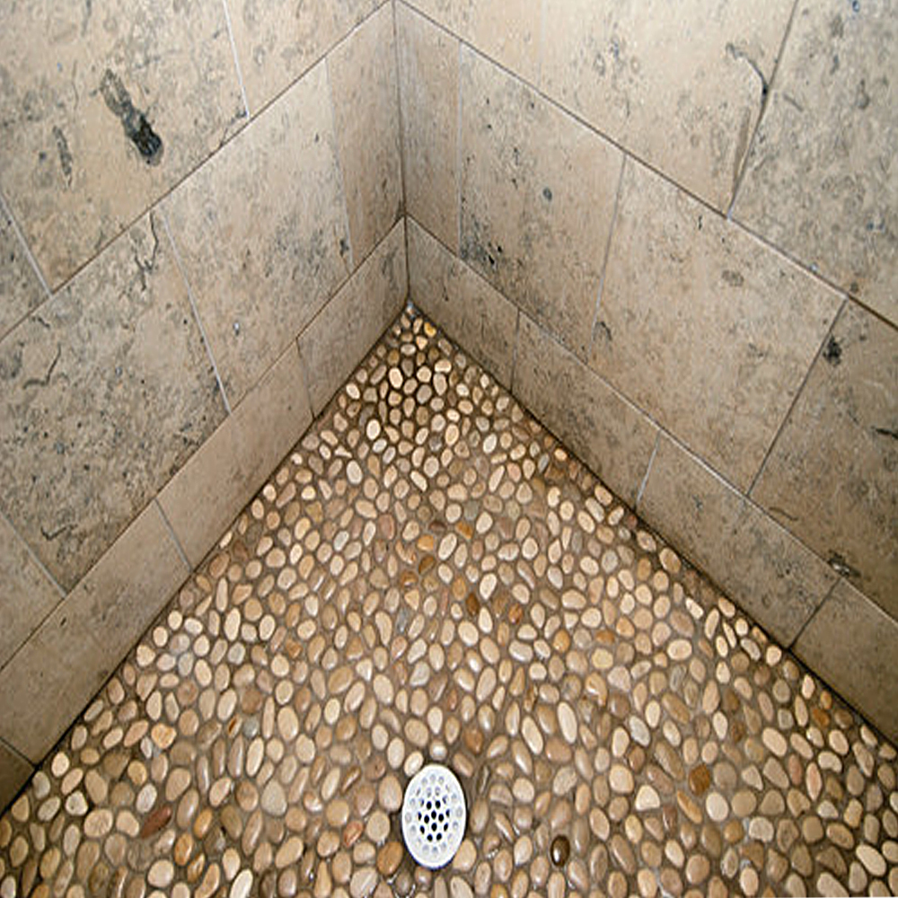 Glazed Tan Pebble Tile Shower Pan