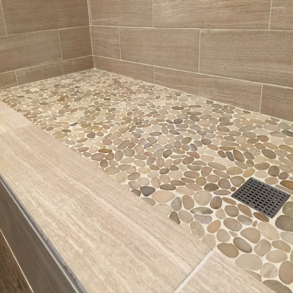 Sliced Java Tan Pebble Tile Shower Floor