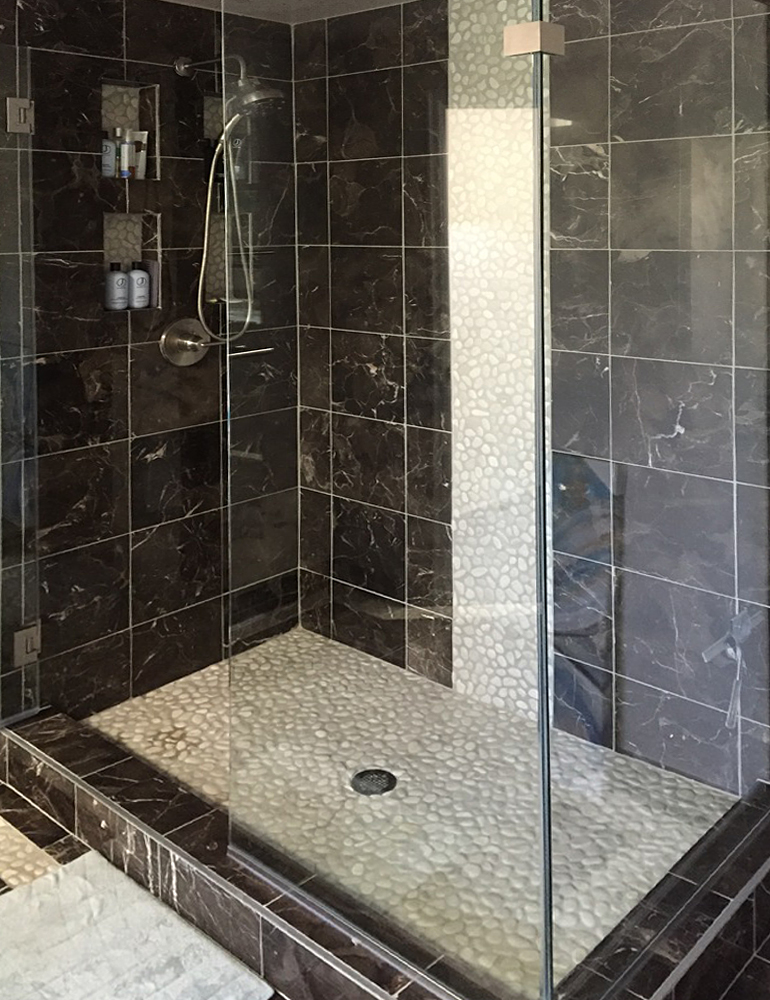 Sliced Cobblestone Pebble Tile Shower Pan and Accent Strip