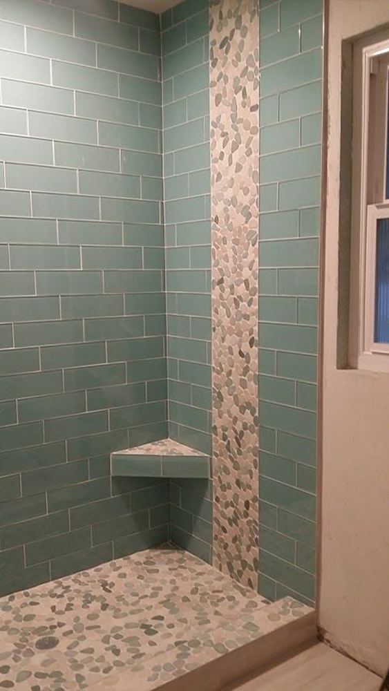 Sliced Sea Green and White Shower and Accent Wall