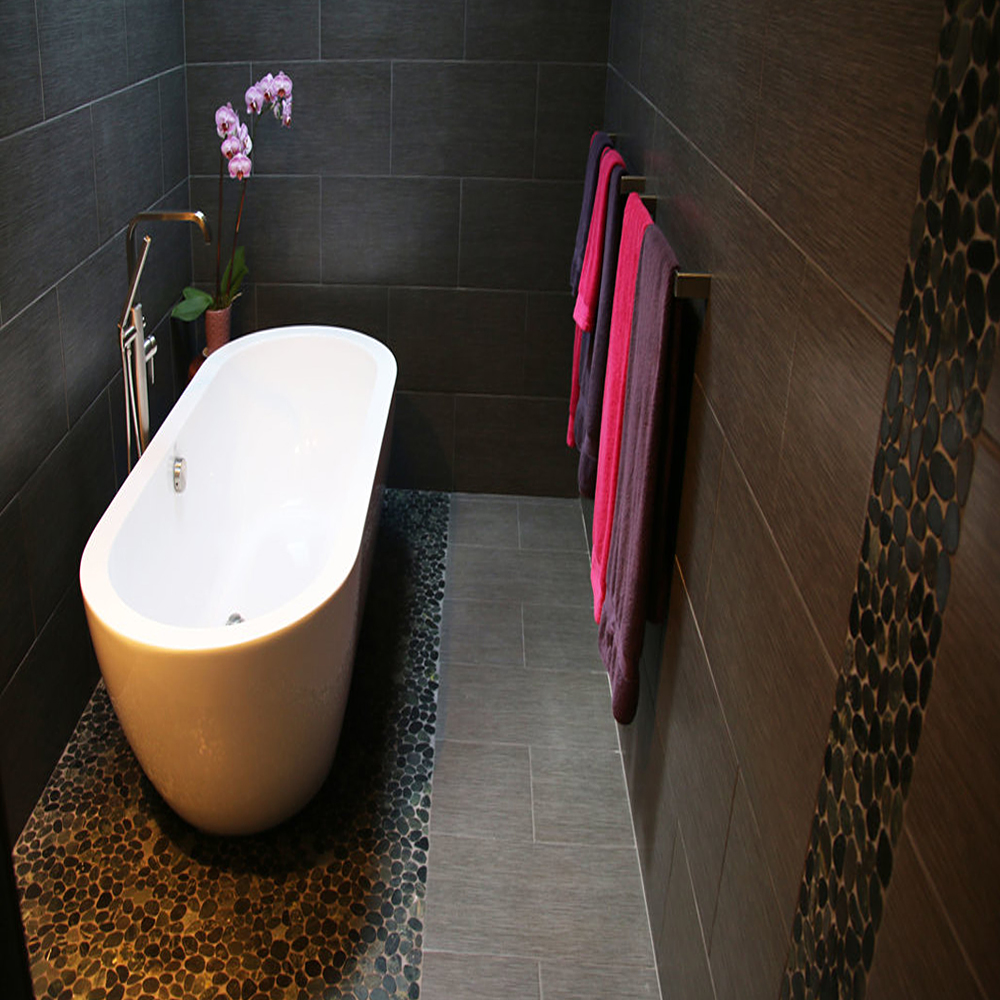 Sliced Charcoal Black Pebble Tile Luxury Bathroom Floor and Wall Accent