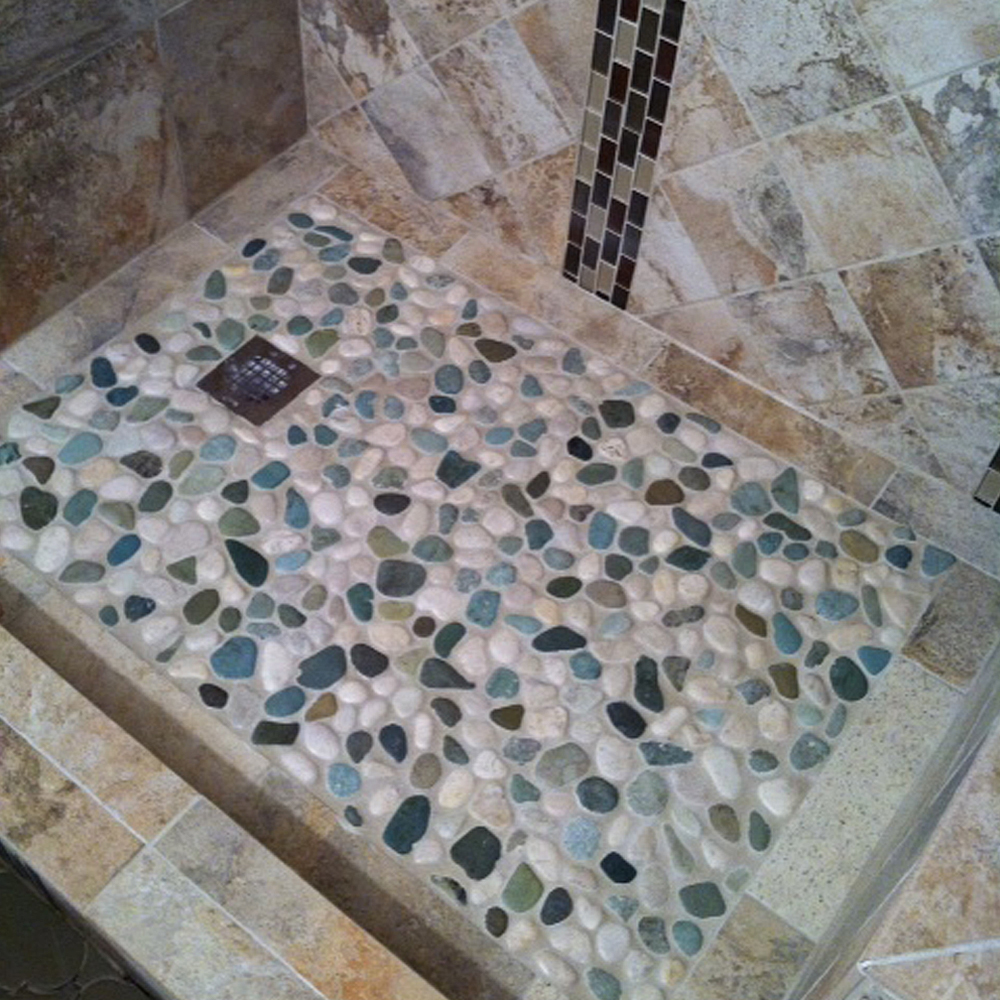 Glazed Sea Green and White Pebble Tile Shower Pan