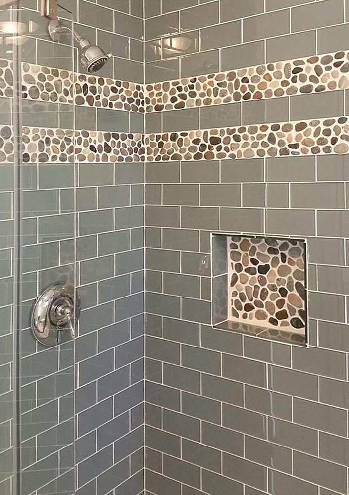 Ocean Glass Shower with Bali Ocean Pebble Tile Accents