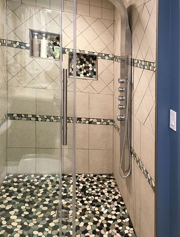 Sliced Bali Turtle Pebble Tile Shower and Accents