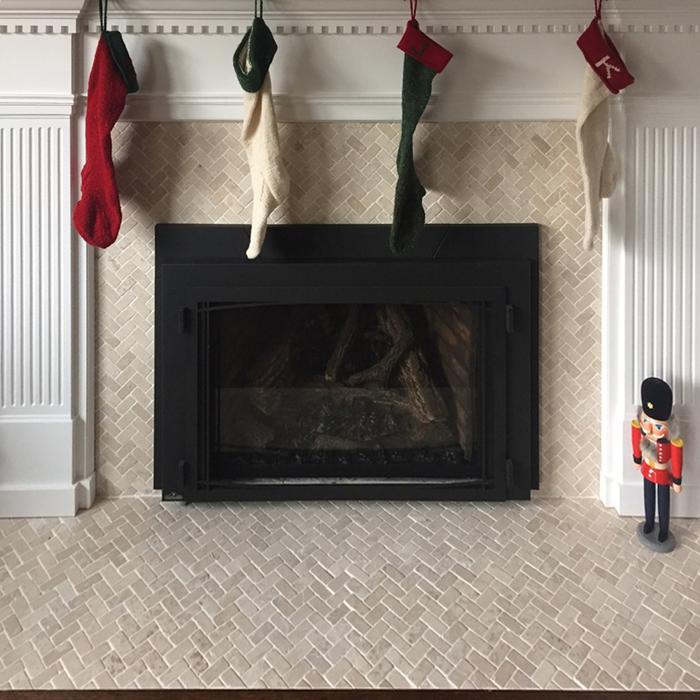 Cream Herringbone Mosaic Tile Fireplace Surround