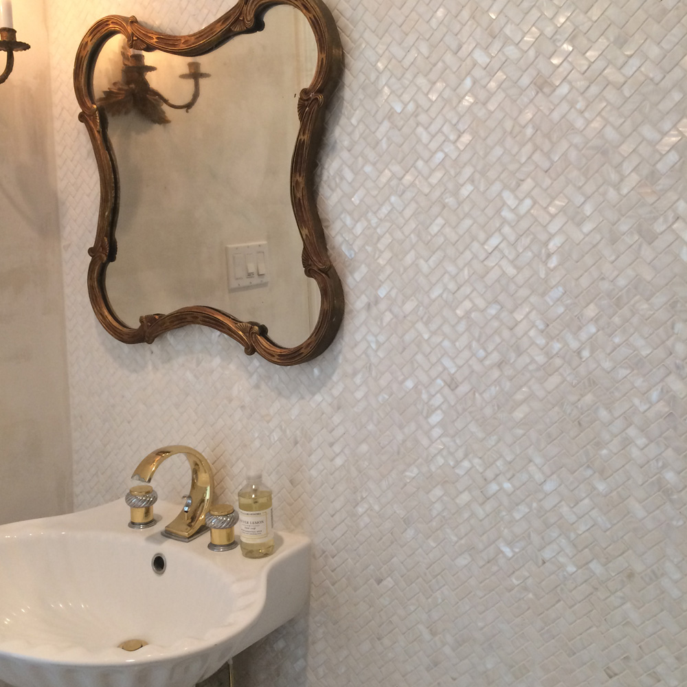 White Herringbone Pearl Shell Tile - Pebble Tile Shop